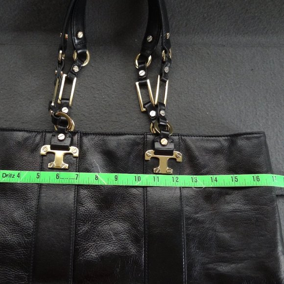 Tory Burch Black Leather T Tote Gold Bag Purse - Picture 7 of 8